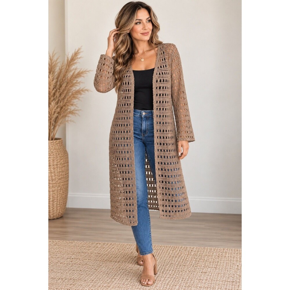 Tunnel Vision Women's XXL Crochet Duster Open Cardigan Taupe Boho Long Sleeve
